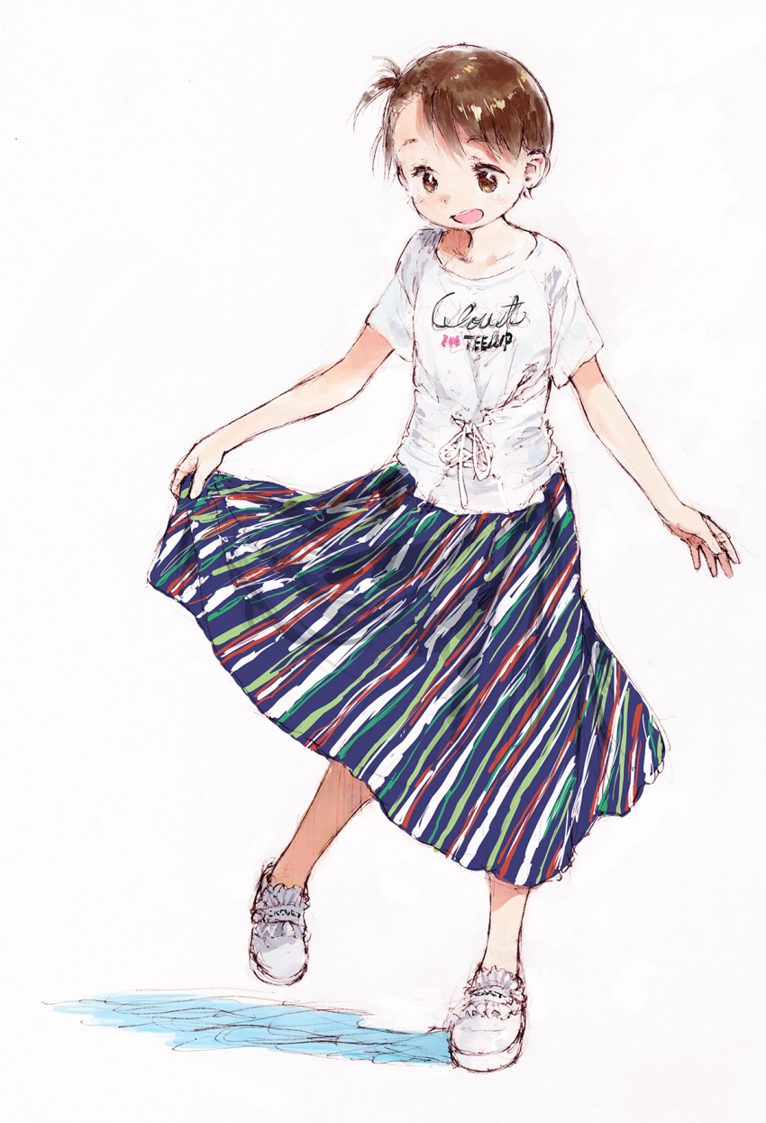 1girl barasui brown_eyes brown_hair child clothes_lift corset female_focus full_body highres ichigo_mashimaro itou_chika leg_lift long_skirt mary_janes shoes short_hair side_ponytail sketch skirt skirt_hold skirt_lift solo white_shoes
