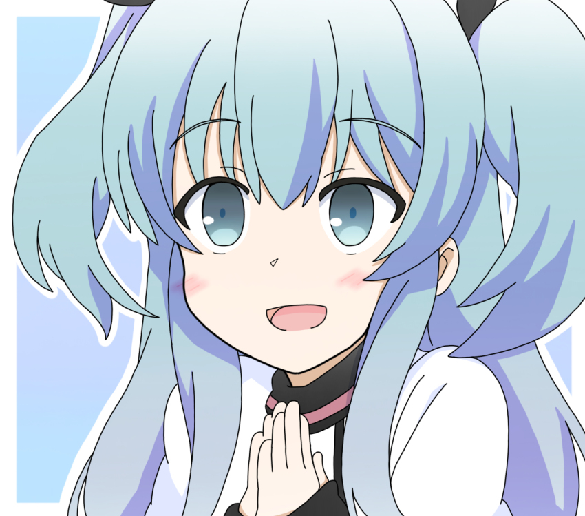 1girl blue_background blue_eyes blue_hair blush female_focus long_hair noel_(sora_no_method) open_mouth own_hands_together simple_background skyiluca sleeves_past_wrists solo sora_no_method standing upper_body