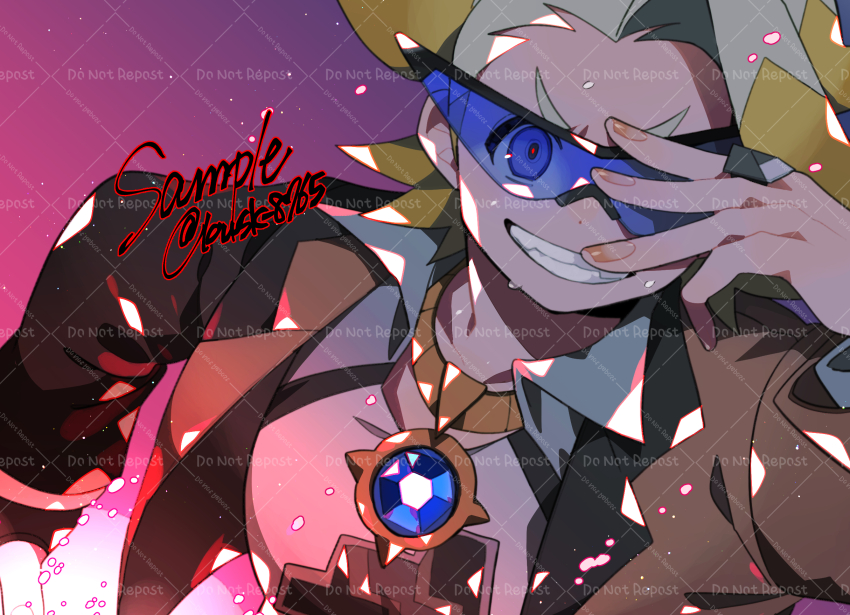 1boy adjusting_eyewear artist_name blue_gemstone brown_coat coat colored_tips commentary_request dynamax_ball english_text gem gold_necklace gordie_(pokemon) gradient_background grin hand_on_eyewear highres holding holding_poke_ball jewelry kawasaki_(kwsk_8765) looking_at_viewer male_focus merchandise_available multicolored_hair necklace nintendo poke_ball pokemon pokemon_swsh shirt smile sunglasses twitter_username watermark white_hair white_shirt
