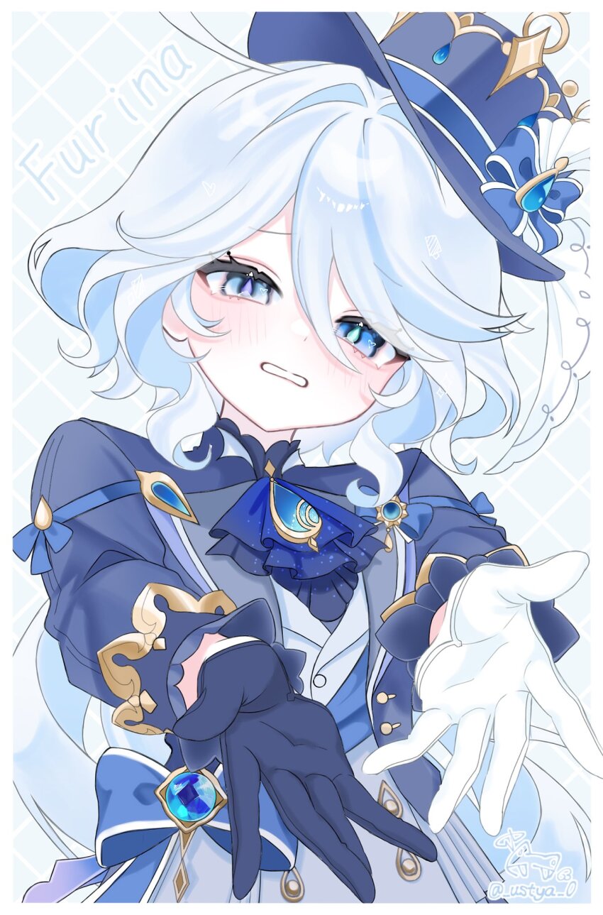 1girl ahoge ascot asymmetrical_gloves black_gloves blue_ascot blue_bow blue_eyes blue_gemstone blue_hair blue_hat blue_jacket blush border bow character_name commentary_request drop-shaped_pupils furina_(genshin_impact) gem genshin_impact gloves grid_background hair_between_eyes hair_intakes hat hat_bow heart heart_in_eye heterochromia highres jacket long_hair long_sleeves looking_at_viewer mismatched_gloves mismatched_pupils multicolored_hair reaching reaching_towards_viewer signature solo streaked_hair symbol-shaped_pupils symbol_in_eye top_hat twitter_username upper_body ustya_0 vest white_border white_gloves white_hair white_vest