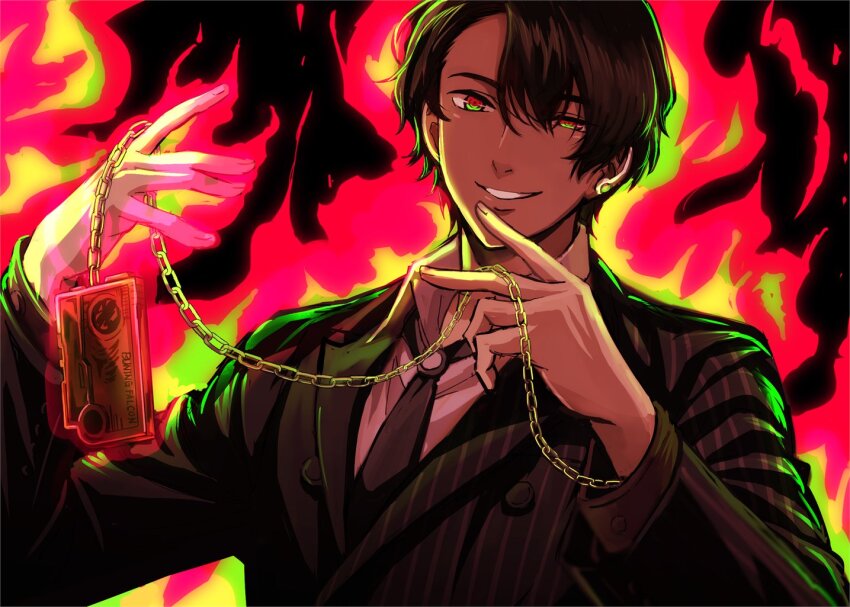 1boy black_necktie blazer burning_falcon chain fiery_background fire flaming_hand jacket jin_(kamen_rider_01) kamen_rider kamen_rider_01_(series) looking_at_viewer male_focus mido_(byebyebye03) necktie progrise_key shirt smile striped_clothes striped_jacket vertical-striped_clothes vertical-striped_jacket white_shirt