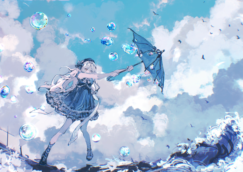 1girl absurdres blue_bow blue_dress blue_theme bow chromatic_aberration cloud cloudy_sky covered_mouth dress flock frilled_dress frills hair_bow highres holding holding_umbrella long_hair one_eye_closed orange_eyes original outdoors ribbon ringein shoes sky sleeveless sleeveless_dress socks solo standing standing_on_one_leg striped_clothes striped_socks umbrella water water_drop waves white_hair white_ribbon wide_shot wind