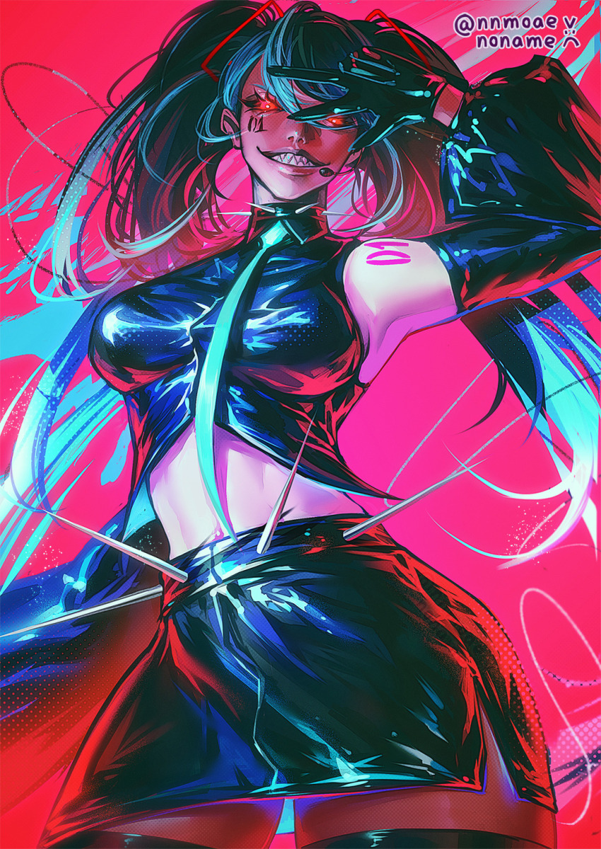1girl aqua_necktie artist_name collar commentary english_commentary hatsune_miku highres long_hair necktie nnmoaeart number_tattoo red_eyes sharp_teeth solo spiked_collar spikes tattoo teeth twintails v vocaloid