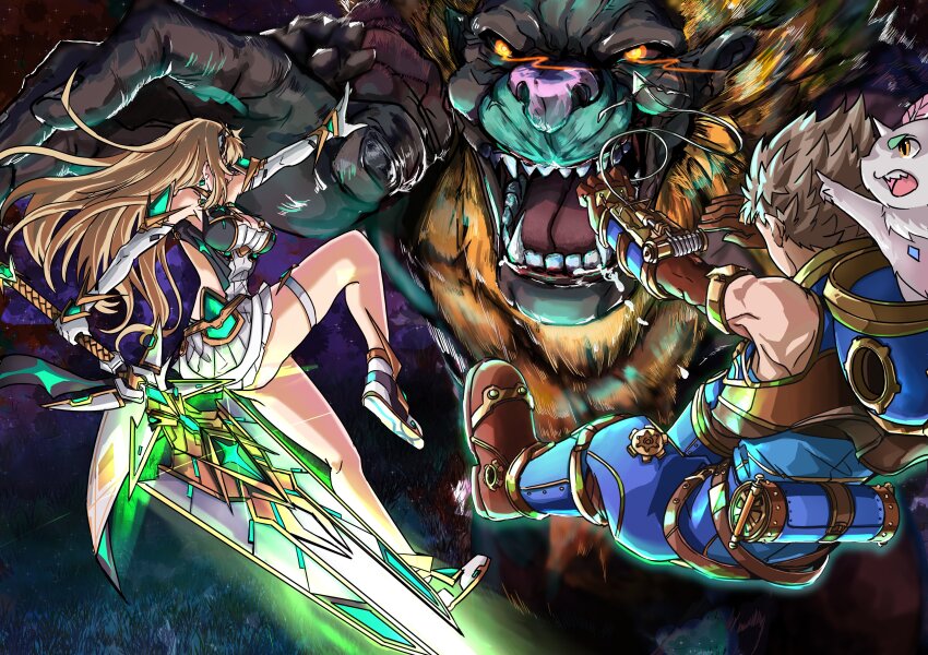1boy 1girl absurdres bare_shoulders battle blonde_hair blue_pants blue_vest breasts brown_hair chest_jewel cleavage cleavage_cutout clothing_cutout core_crystal_(xenoblade) dress eye_trail glowing glowing_eyes highres holding holding_sword holding_weapon large_breasts light_trail long_hair microdress pants rex_(xenoblade) short_hair sofusan1526 sword tiara vest weapon white_dress xenoblade_chronicles_(series) xenoblade_chronicles_2