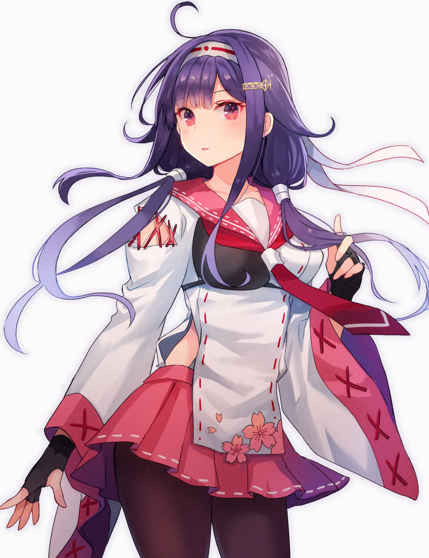 1girl ahoge black_gloves black_pantyhose blush collarbone cowboy_shot fingerless_gloves gloves hair_flaps highres japanese_clothes kantai_collection kasumi_(skchkko) long_hair long_sleeves low_twintails pantyhose pink_skirt pleated_skirt purple_hair red_eyes ryuuhou_(kancolle) ryuuhou_kai_ni_(kancolle) simple_background skirt solo taigei_(kancolle) twintails white_background wide_sleeves
