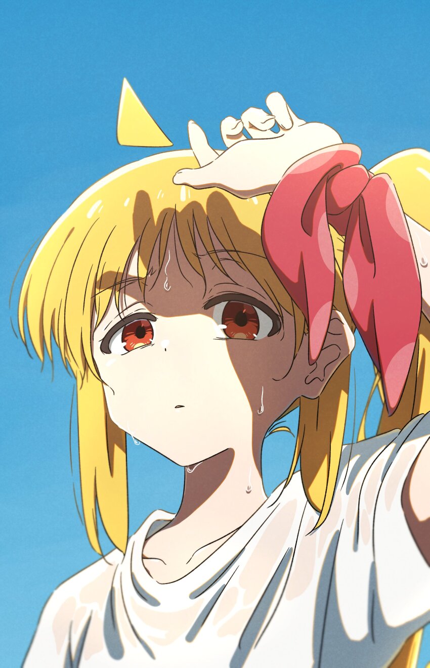 1girl absurdres ahoge arm_up blonde_hair blue_sky bocchi_the_rock! bow collarbone commentary_request day detached_ahoge highres hot ijichi_nijika long_hair mayo_(oekaki_bibbi) parted_lips portrait red_bow red_eyes see-through_clothes shadow shirt short_sleeves side_ponytail sky solo summer sweat sweaty_clothes white_shirt wrist_bow