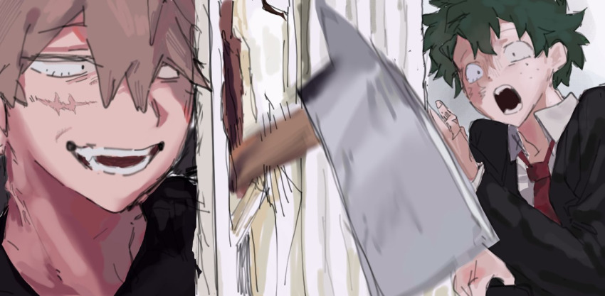 2boys ame_0098 axe bakugou_katsuki blonde_hair boku_no_hero_academia bones_(company) brown_hair collared_shirt crazy_eyes crazy_smile curly_hair door evil_smile formal_clothes freckles green_eyes green_hair grin here&#039;s_johnny!_(meme) holding jack_nicholson jack_torrance_(the_shining) jacket male male_focus midoriya_izuku multiple_boys necktie neckwear open_mouth parody red_necktie red_neckwear scar scar_on_face scared scary_face scary_smile shirt short_hair shounen_jump smile solo spiked_hair suit teeth the_shining upper_body warner_bros white_shirt