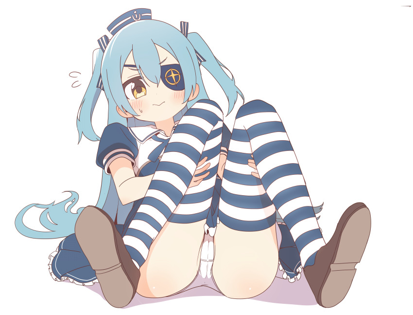 1girl absurdres blue_hair blush closed_mouth dress eyepatch hat highres last_origin lrl_(last_origin) luke_(dydansgur) solo thighhighs upskirt yellow_eyes