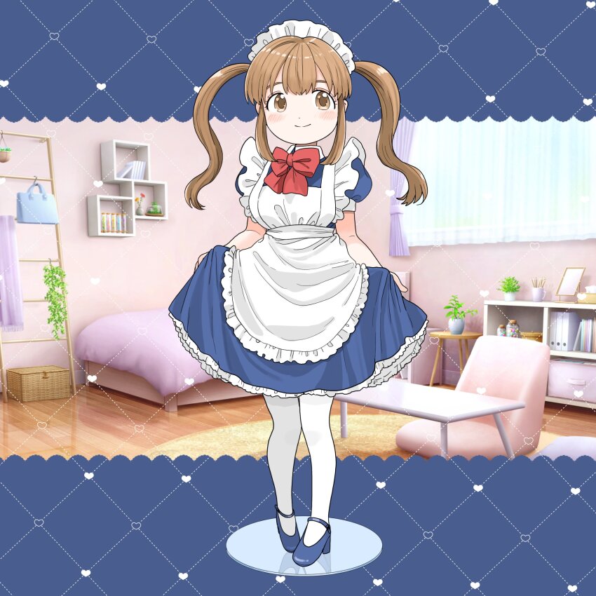 1girl 3d_background absurdres apron blue_dress blue_shoes blush bow bowtie brown_eyes brown_hair closed_mouth dot_nose dress figure figure_stand frilled_apron frills full_body high_heels highres long_hair long_sidelocks looking_to_the_side maid maid_apron maid_headdress nagomurasan original pantyhose puffy_short_sleeves puffy_sleeves red_bow red_bowtie shoes short_sleeves sidelocks skirt_hold smile solo standing twintails white_apron white_headdress white_pantyhose