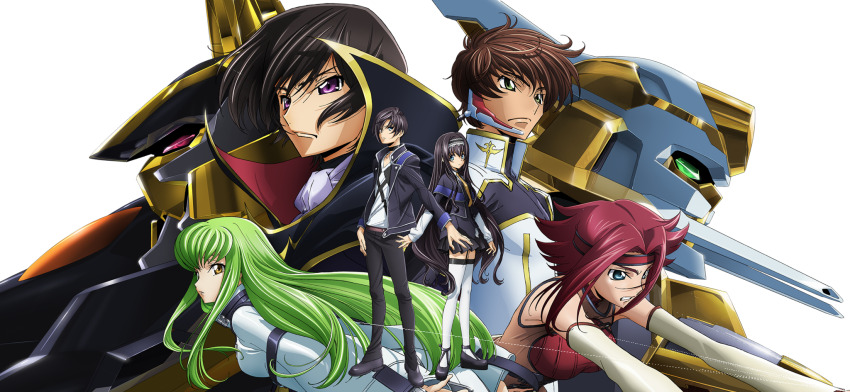3boys 3girls arm_at_side artist_request ascot back-to-back bare_shoulders belt black_cape black_capelet black_choker black_coat black_footwear black_hair black_pants black_skirt blue_eyes bodysuit breast_cutout breasts brown_hair brown_vest c.c. cape capelet choker clenched_teeth closed_mouth coat code_geass code_geass:_lost_stories collared_shirt detached_sleeves dual_persona earpiece frilled_hairband frills game_cg garter_straps gawain_(code_geass) gold_trim green_eyes green_hair hair_intakes hairband half-closed_eyes headband high_collar highres jacket kouzuki_kallen kururugi_suzaku lancelot_(code_geass) lancelot_z-01 layered_sleeves leaning_forward lelouch_vi_britannia long_hair long_sleeves looking_afar looking_at_viewer looking_back mario_disel maya_disel mecha medium_breasts miniskirt multiple_boys multiple_girls necktie non-web_source official_art open_clothes open_jacket pants parted_lips pleated_skirt profile purple_eyes red_eyes red_hair red_headband red_sweater ribbed_sweater robot shirt shoes short_hair sidelocks skirt sleeveless sleeveless_sweater standing straitjacket sweater symmetry teeth thighhighs transparent_background two-sided_cape two-sided_fabric v-neck v-shaped_eyebrows very_long_hair vest white_ascot white_bodysuit white_hairband white_shirt white_sleeves white_thighhighs yellow_eyes yellow_necktie zettai_ryouiki