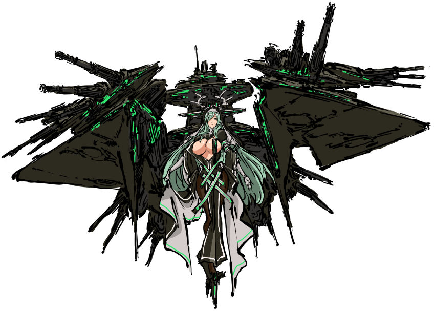 10s 1girl absurdres breasts center_opening eclipse_(star_wars) female_focus full_body green_eyes green_hair headgear highres kantai_collection large_breasts long_hair machinery matching_hair/eyes mecha_musume nameo_(judgemasterkou) pantyhose personification simple_background solo standing star_destroyer star_wars super_star_destroyer thighhighs white_background zettai_ryouiki