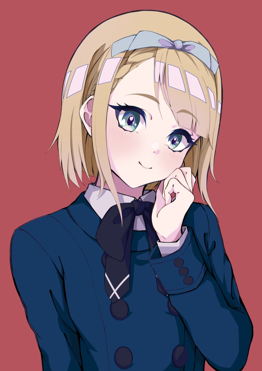 1girl 22/7 asymmetrical_bangs black_hair blonde_hair blue_bow blue_eyes blue_hairband bob_cut bow bow_hairband buttons closed_mouth collared_shirt double-breasted green_eyes hair_bow hairband hand_on_own_cheek hand_on_own_face highres inverted_bob lionmaru0808 long_sleeves looking_at_viewer portrait red_background saito_nicole school_uniform shampoo_no_nioi_ga_shita shirt short_hair simple_background smile solo white_shirt