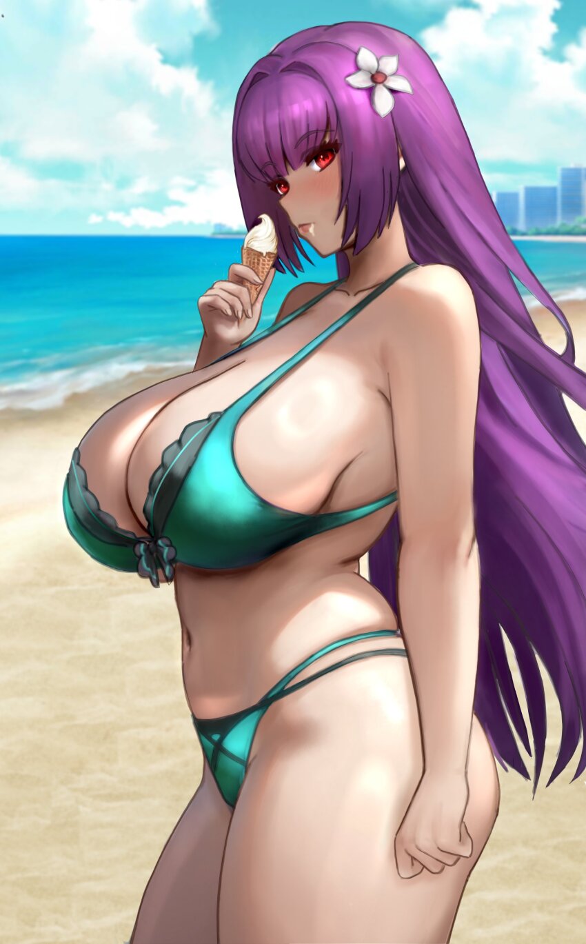 1girl absurdres bare_shoulders beach bikini black_bikini blue_sky blush breasts cleavage collarbone fate/grand_order fate_(series) flower food green_bikini hair_between_eyes hair_flower hair_ornament highres ice_cream ice_cream_cone large_breasts long_hair looking_at_viewer multicolored_bikini navel purple_hair raskasar red_eyes scathach_(fate) scathach_skadi_(fate) scathach_skadi_(swimsuit_ruler)_(fate) scathach_skadi_(swimsuit_ruler)_(final_ascension)_(fate) shore sky solo swimsuit thighs two-tone_bikini