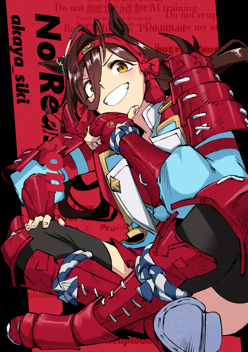 1girl absurdres akaya_shiki animal_ears antenna_hair armor artist_name brown_hair character_name collarbone commentary full_body hair_between_eyes hair_ornament highres horse_ears horse_girl japanese_armor jinbaori long_hair looking_at_viewer miniskirt no_reason_(umamusume) open_mouth pleated_skirt red_background red_skirt shoes simple_background skirt smile solo tassel tassel_hair_ornament umamusume v-shaped_eyebrows watermark weapon yellow_eyes