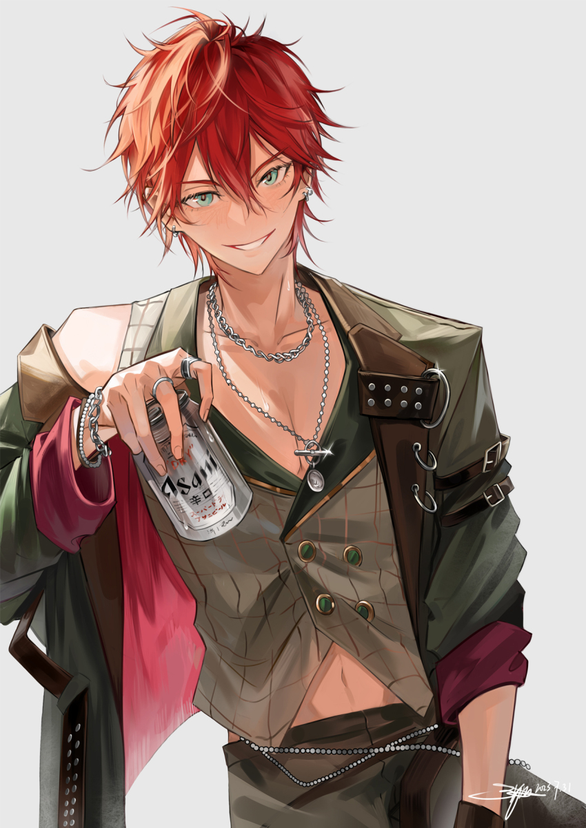 1boy amagi_rinne asahi_breweries blue_eyes can chain chain_bracelet chain_necklace earrings ensemble_stars! green_jacket green_vest hair_between_eyes highres holding holding_can jacket jewelry looking_at_viewer male_focus multiple_rings necklace red_hair ring sanse_(sssei_33) short_hair simple_background sleeve_rolled_up smile solo vest white_background