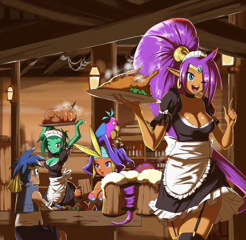 3girls alcohol beer beer_mug bird blue_eyes blue_hair bolo_(shantae) breasts chicken_(food) cleavage cup dark-skinned_female dark-skinned_male dark_skin dress earrings food green_hair headband highres hood jacket jewelry knife large_breasts long_hair maid mug multiple_girls one_eye_closed purple_hair red_eyes rottytops ruru_(sonicboom30813) shantae shantae_(series) short_hair shorts sitting sky_(shantae) sleeveless very_long_hair wink zombie