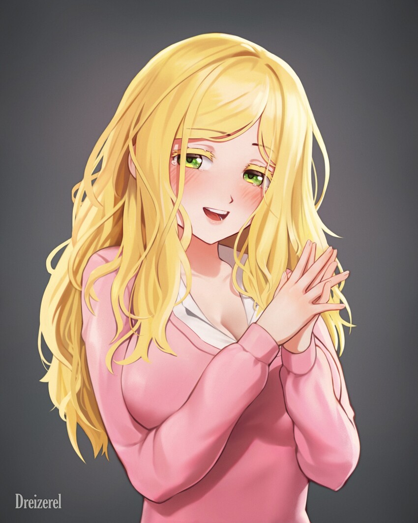 1girl :d absurdres artist_name blonde_hair blush breasts carol_olston cleavage collared_shirt commentary dreizerel english_commentary green_eyes grey_background highres large_breasts long_hair long_sleeves open_mouth own_hands_together palms_together pink_sweater shirt simple_background smile solo sweater teeth tomo-chan_wa_onna_no_ko tongue upper_body watermark white_shirt
