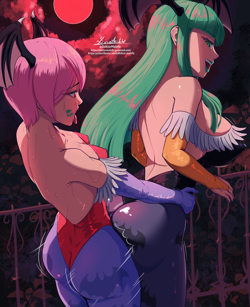 1futa 1girl absurdres ass black_leotard blunt_bangs breasts darkstalkers doktor_malefic futa_with_female futanari green_eyes green_hair halloween head_wings highres implied_futanari large_breasts leotard lilith_(darkstalkers) lipstick lipstick_mark long_hair makeup medium_breasts moon morrigan_aensland nail_polish pantyhose pink_hair purple_pantyhose red_eyes red_moon sex smile strapless strapless_leotard wings