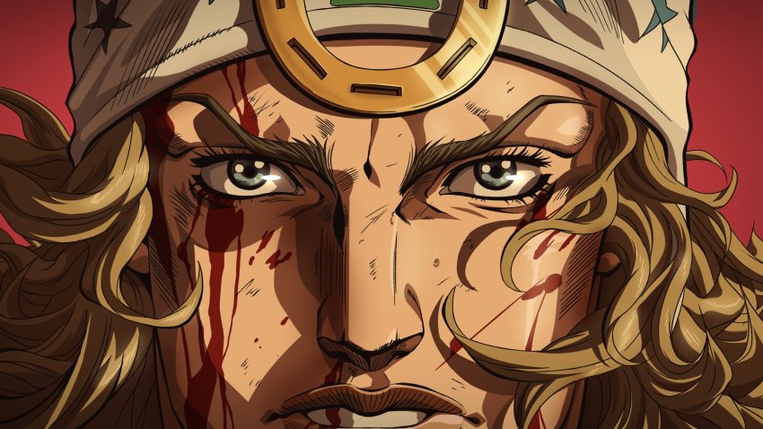 1boy anime_coloring araki_hirohiko_(style) blonde_hair blood blood_on_face blue_eyes close-up grandguerrilla highres horseshoe johnny_joestar jojo_no_kimyou_na_bouken looking_at_viewer male_focus official_style portrait red_background solo steel_ball_run