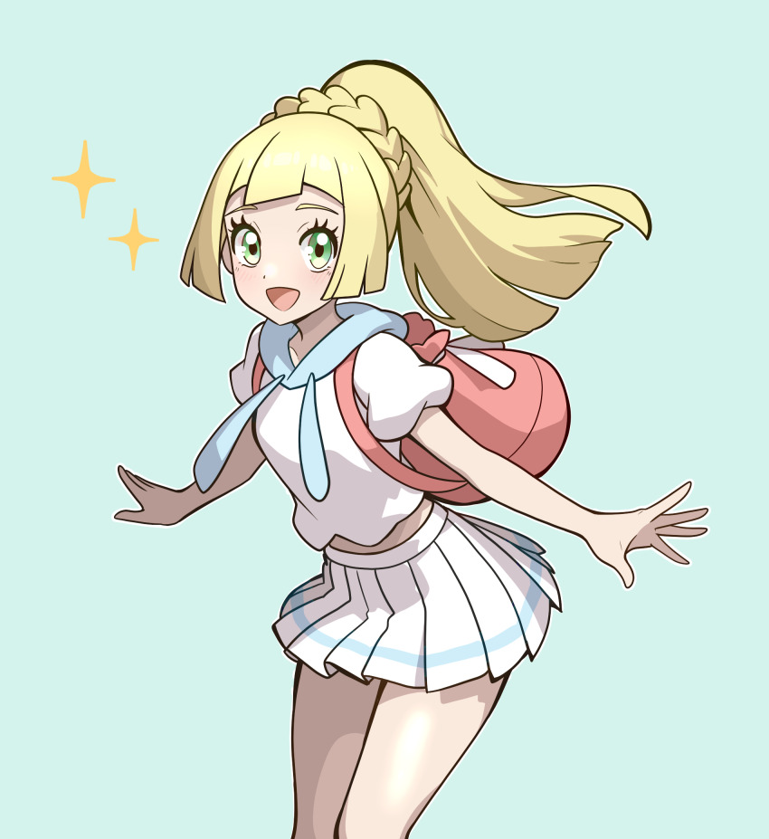 1girl :d backpack bag blonde_hair blue_background cowboy_shot eyelashes green_eyes highres lillie_(pokemon) long_hair looking_at_viewer midriff muis0802 nintendo open_mouth pink_bag pleated_skirt pokemon pokemon_sm ponytail shirt short_sleeves skirt smile solo white_shirt white_skirt