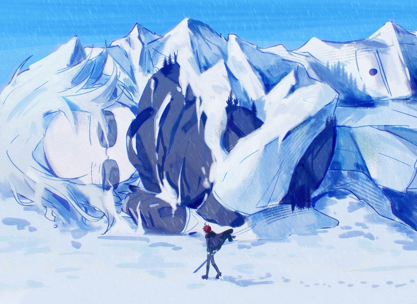 2boys absurdres ahoge aotsuki_eito black_bag black_boots black_cape black_gloves black_jacket black_pants boots cape chinese_commentary closed_eyes commentary footprints geta giant gloves grey_hair highres holding holding_sword holding_weapon jacket last_defense_academy_school_uniform looking_at_another lying male_focus mizongwenwu multiple_boys on_side pants red_hair school_uniform short_hair size_difference snow sumino_takumi sunglasses sword the_hundred_line_-last_defense_academy- weapon white_jacket