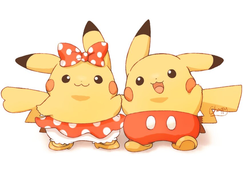 black_eyes bow closed_mouth cosplay gen_1_pokemon highres holding_hands mickey_mouse mickey_mouse_(cosplay) mimix minnie_mouse minnie_mouse_(cosplay) nintendo no_humans open_mouth pants pikachu pokemon pokemon_(creature) polka_dot polka_dot_bow red_bow red_pants red_skirt shoes simple_background skirt smile tail white_background yellow_shoes