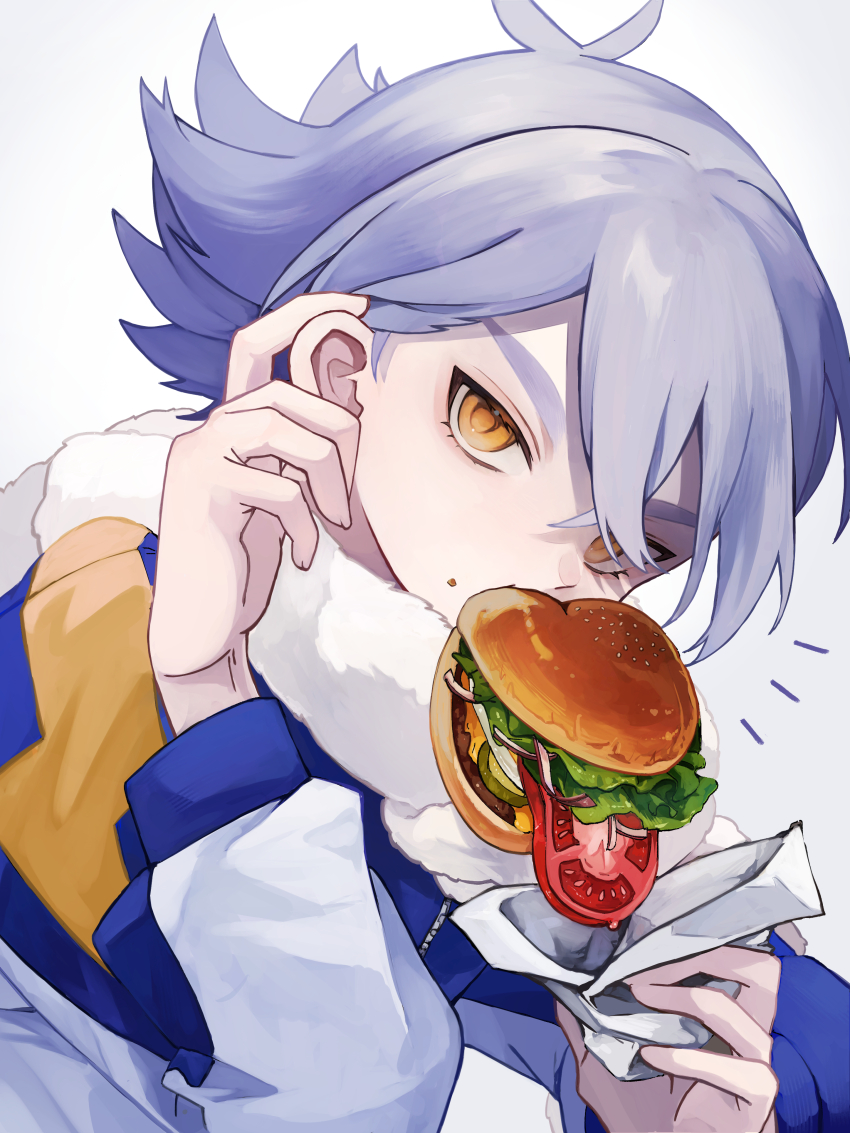 1boy absurdres antenna_hair blue_eyes blue_jacket burger cie_x6 eating food fubuki_shirou hand_up highres holding holding_food inazuma_eleven_(series) jacket male_focus simple_background solo upper_body white_background white_hair