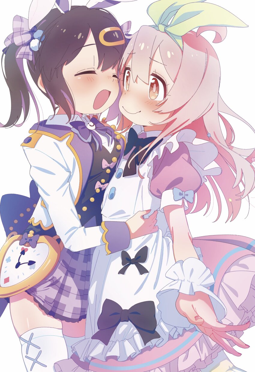 2girls :d absurdres animal_ears black_bow black_bowtie black_hair blush bow bowtie closed_eyes double-parted_bangs frills hair_between_eyes hair_bobbles hair_ornament highres long_hair long_sleeves multicolored_hair multiple_girls official_alternate_costume onii-chan_wa_oshimai! open_mouth orange_eyes oyama_mahiro oyama_mihari pink_hair puffy_short_sleeves puffy_sleeves purple_hair rabbit_ears short_sleeves siblings simple_background sisters smile thighhighs twintails two-tone_hair white_background white_thighhighs wrist_cuffs yoku_soy