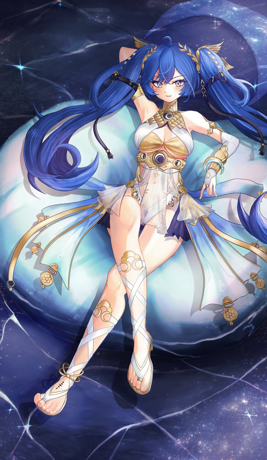 1girl absurdres ancient_greek_clothes aoi_(ayakaze_aoi) arm_behind_head arm_up bare_shoulders blue_eyes blue_hair breasts bridal_legwear cleavage commentary_request full_body gladiator_sandals gold_bra greco-roman_clothes hair_belt hair_ornament head_wreath highres iuno_(wuthering_waves) large_breasts light_blush long_hair looking_at_viewer sandals smile solo swim_ring tacet_mark_(wuthering_waves) thighs twintails very_long_hair wuthering_waves