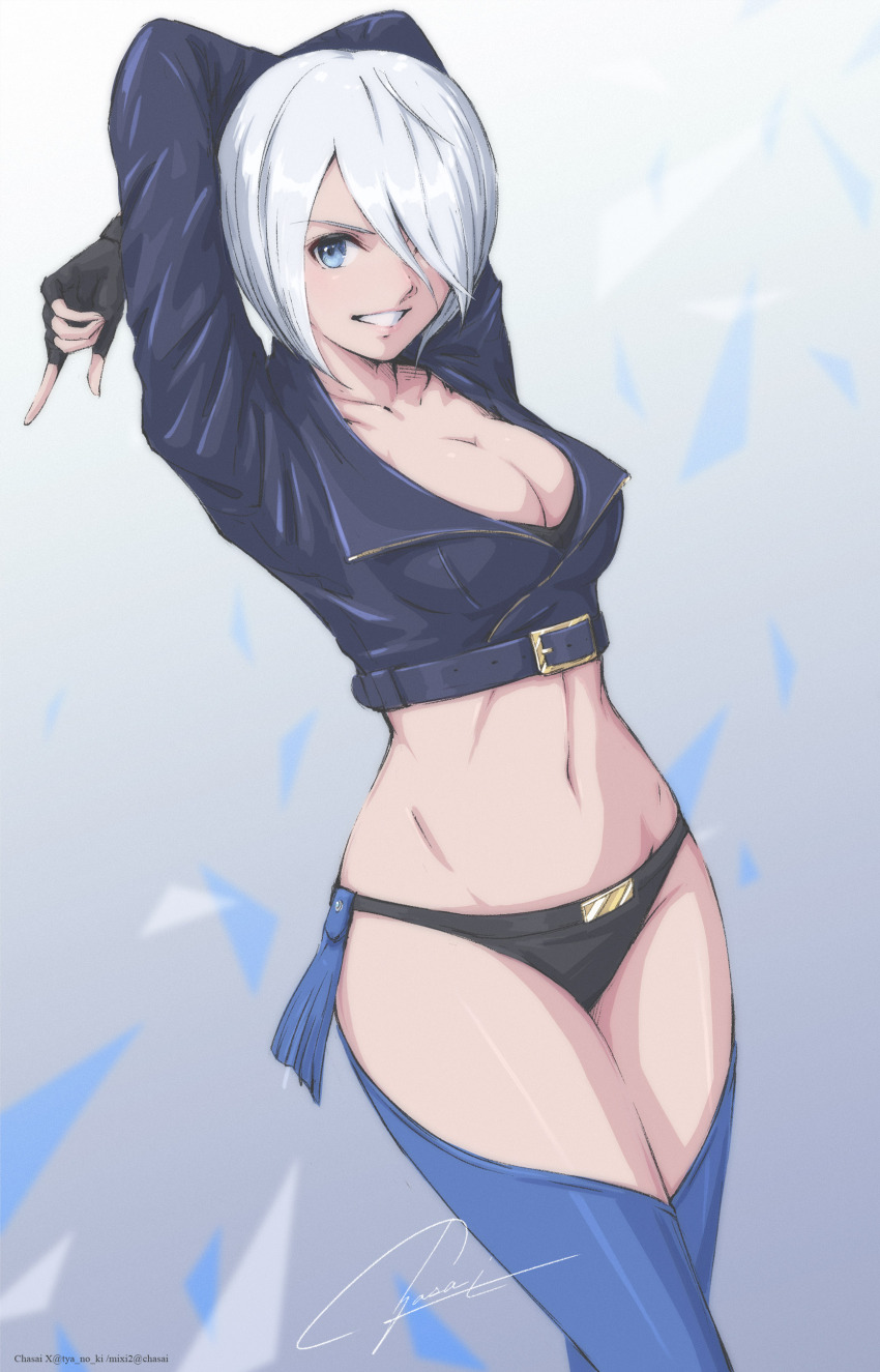 1girl absurdres angel_(kof) backless_pants blue_eyes bra breasts chaps cleavage crop_top cropped_jacket fingerless_gloves gloves hair_over_one_eye highres jacket large_breasts leather leather_jacket looking_at_viewer midriff navel panties pants short_hair smile snk solo strapless strapless_bra the_king_of_fighters the_king_of_fighters_xiv toned toned_female tyanoki underwear white_hair