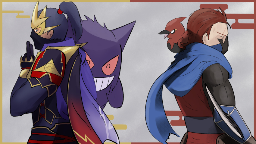 2boys 2others armor back commentary_request crossover domino_mask facing_away fire_emblem fire_emblem_fates fletchinder gen_1_pokemon gen_6_pokemon gengar hanzou_(pokemon_conquest) high_ponytail highres hypo_conductor japanese_armor japanese_clothes kuji-in male_focus mask mouth_mask multiple_boys multiple_others ninja nintendo pokemon pokemon_conquest ponytail purple_hair red_hair saizo_(fire_emblem) scar scar_on_face scarf