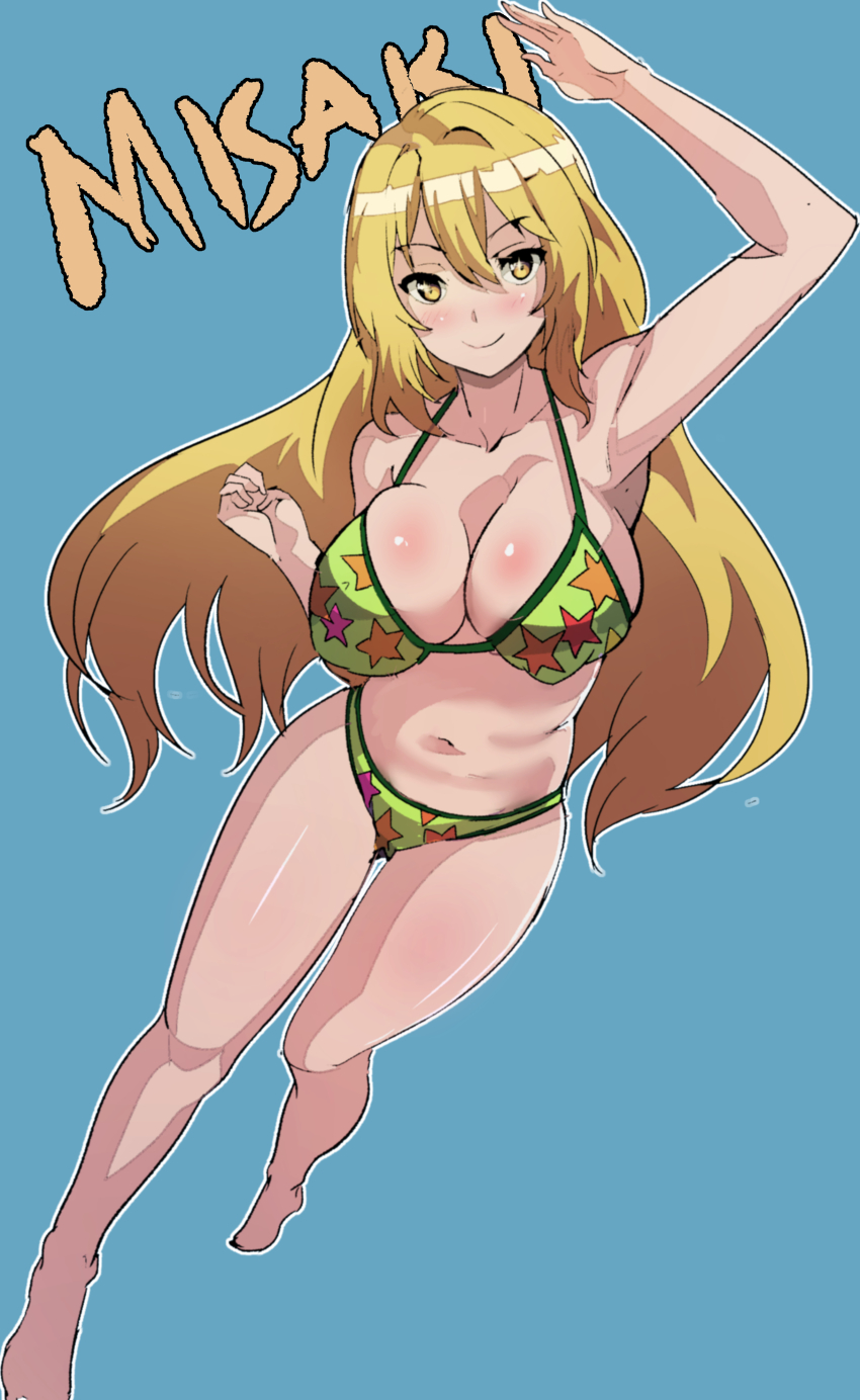 1girl absurdres arm_up bikini blonde_hair blue_background breasts character_name closed_mouth commentary green_bikini halterneck highres julioalqae large_breasts long_hair navel shokuhou_misaki smile solo sparkling_eyes star_print_bikini swimsuit toaru_kagaku_no_mental_out toaru_kagaku_no_railgun toaru_majutsu_no_index very_long_hair yellow_eyes