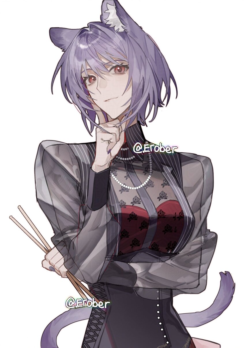 1girl alternate_species amoris_(bang_dream!) animal_ear_fluff animal_ears arknights bang_dream! bang_dream!_it&#039;s_mygo!!!!! black_corset black_shirt black_sleeve_cuffs cat_ears cat_tail chinese_commentary collared_shirt commentary_request corset drumsticks erober finger_to_cheek fingernails floral_print hair_between_eyes hand_up highres holding holding_drumsticks index_finger_raised jewelry looking_at_viewer necklace pearl_necklace print_shirt purple_hair purple_nails red_eyes see-through_clothes see-through_sleeves shirt short_hair simple_background smile solo striped_clothes striped_shirt tail upper_body white_background yuutenji_nyamu