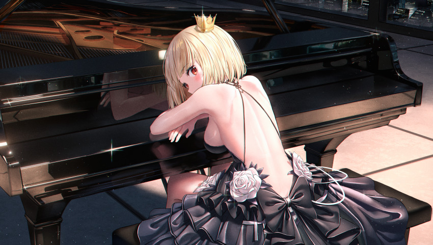 1girl absurdres ass back backless_dress backless_outfit bare_arms bare_shoulders black_dress blonde_hair blush breasts building butt_crack commentary commission covered_mouth cream_(cream) crown dress flower from_behind grand_piano highres indoors instrument layered_dress looking_at_viewer looking_back medium_breasts mini_crown nay night nipples no_bra no_panties original piano piano_bench pleated_dress red_eyes reflection rose second-party_source short_hair sideboob sitting skyscraper solo tilted_headwear white_flower white_rose window