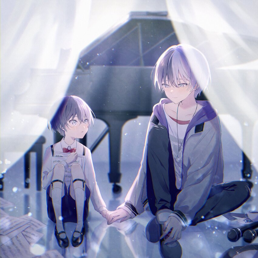 1boy aged_down aoyagi_touya blue_eyes blue_hair blush bow bowtie closed_mouth collared_shirt commentary_request dark_blue_hair full_body hand_up highres hood hood_down hooded_jacket instrument jacket jewelry jishio knee_up knees_up long_sleeves looking_at_another multicolored_hair necklace on_floor open_clothes open_jacket pants parted_lips piano piano_bench project_sekai red_bow red_bowtie sheet_music shirt short_hair sitting skirt socks split-color_hair suspender_skirt suspenders torn_clothes torn_pants two-tone_hair white_shirt white_socks