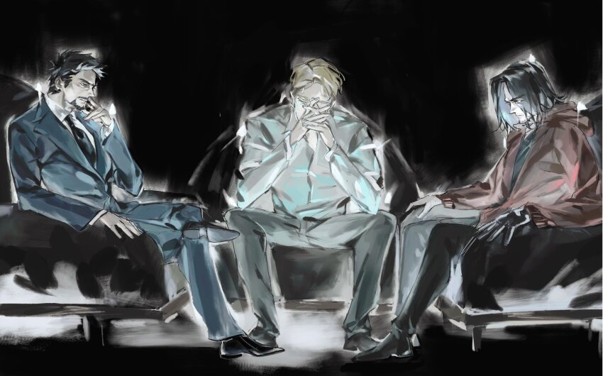 3boys 4istfuerimmer black_background black_gloves black_hair black_necktie black_pants black_shirt black_shoes blonde_hair blue_eyes blue_hair blue_jacket blue_pants blue_shirt blue_suit brown_eyes bucky_barnes captain_america:_civil_war captain_america_(series) chair closed_eyes closed_mouth collared_shirt colored_inner_hair commentary covering_own_mouth crossed_legs english_commentary facial_hair fingernails formal_clothes full_body gloves grey_pants hands_up highres hood hoodie jacket lapels long_sleeves looking_at_another male_focus marvel marvel_cinematic_universe multicolored_hair multiple_boys necktie on_chair open_clothes open_hoodie own_hands_together pants puffy_long_sleeves puffy_sleeves red_hoodie shirt shoes simple_background single_glove sitting spread_legs steve_rogers suit suit_jacket t-shirt tony_stark white_shirt