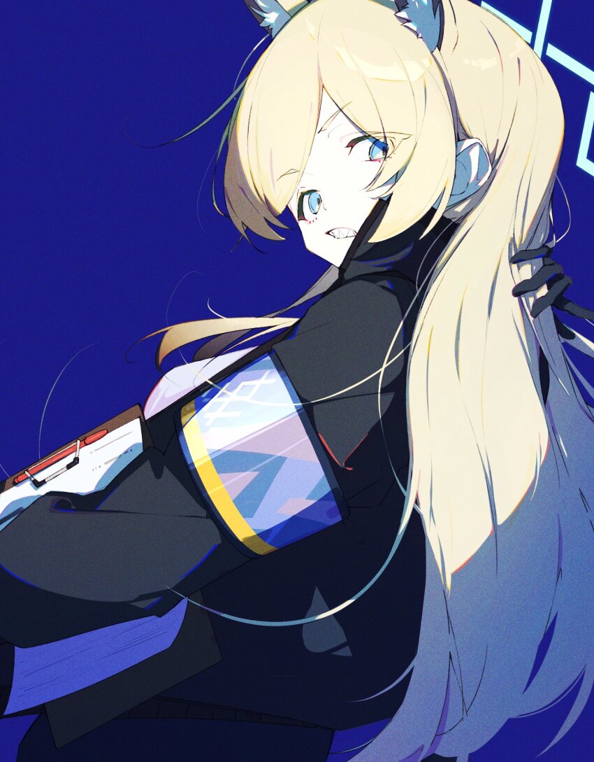 1girl animal_ears blonde_hair blue_archive blue_background blue_eyes blue_halo halo highres kanna_(blue_archive) karasuri long_hair long_sleeves looking_at_viewer looking_back police police_uniform policewoman solo wolf_ears wolf_girl