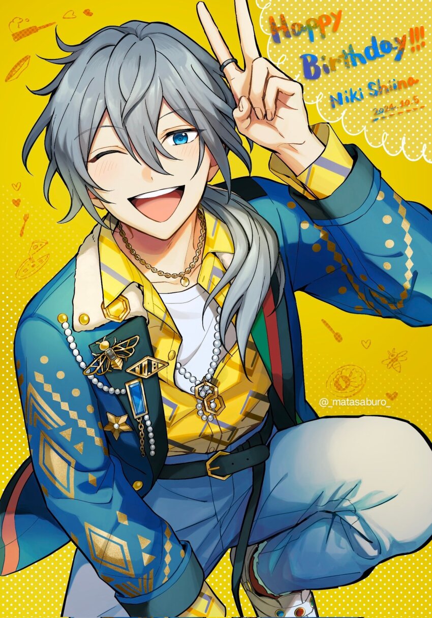 1boy belt belt_buckle black_belt blue_eyes blue_jacket blue_pants brooch buckle collared_shirt dated ensemble_stars! grey_hair happy_birthday highres jacket jewelry long_hair looking_at_viewer male_focus matasaburo necklace one_eye_closed open_clothes open_jacket open_mouth pants pearl_necklace ponytail ring shiina_niki shirt solo squatting twitter_username v white_footwear white_shirt yellow_background yellow_shirt