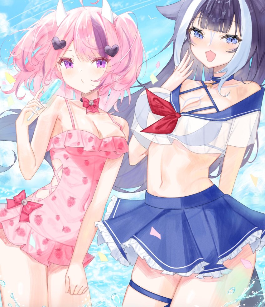2girls :3 ahoge animal_ears bikini bikini_under_clothes black_hair blue_bikini blue_eyes blue_sailor_collar blue_skirt blush body_markings breasts cetacean_tail cleavage day demon_girl demon_horns facial_mark fins fish_tail food hair_ornament heart heart_hair_ornament highres holding holding_food holding_popsicle horns indie_virtual_youtuber ironmouse ironmouse_(swimsuit) large_breasts long_hair looking_at_viewer medium_breasts monomeiii multicolored_hair multiple_girls navel open_mouth orca_girl outdoors partially_submerged pink_hair popsicle puckered_anus purple_eyes purple_hair red_ribbon ribbon sailor_collar shylily shylily_(1st_costume) skirt smile streaked_hair swimsuit tail thigh_strap twintails virtual_youtuber vshojo white_hair