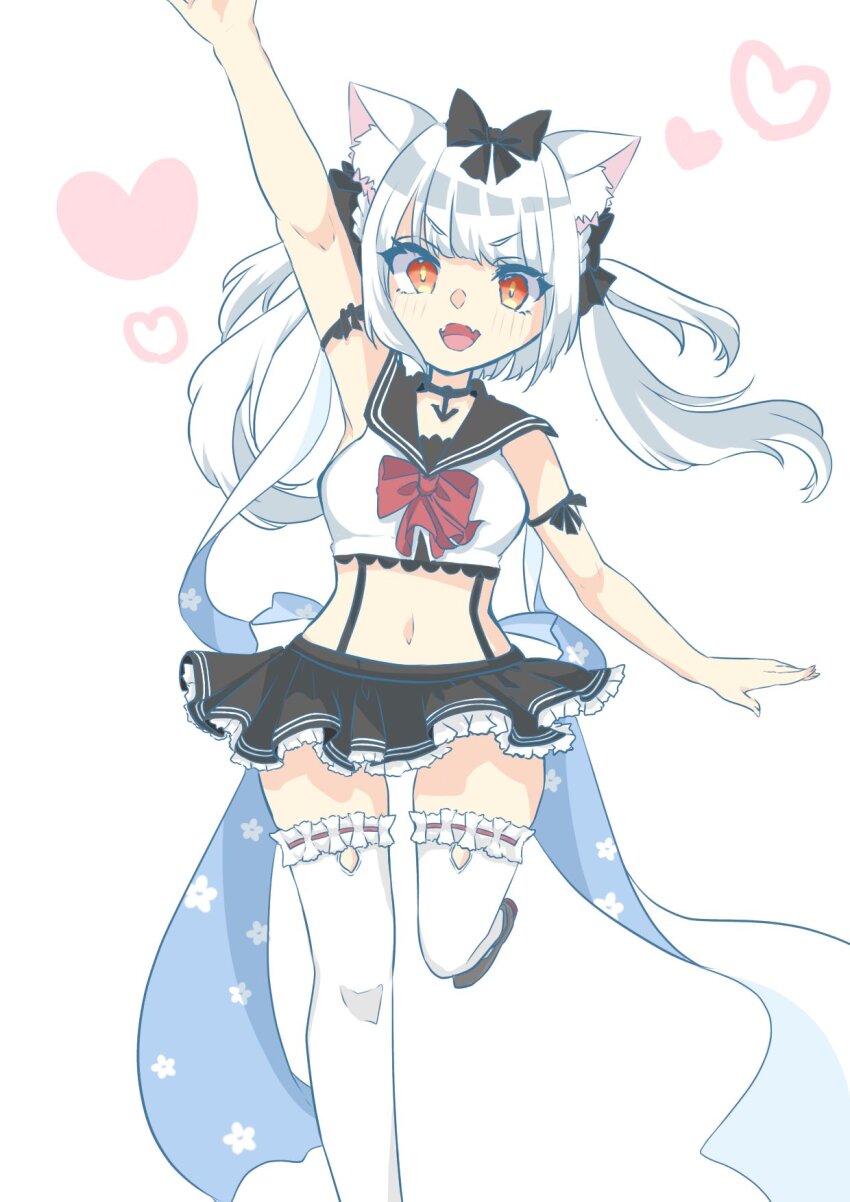 1girl animal_ear_fluff animal_ears arm_up azur_lane black_choker black_footwear black_ribbon black_sailor_collar cat_ears cat_girl choker fang frilled_thighhighs frills hair_ribbon heart highres light_blush mhmh0ss6 midriff navel neckerchief open_mouth orange_eyes red_neckerchief ribbon sailor_collar simple_background skin_fang solo thighhighs waving white_background white_hair white_thighhighs yukikaze_(azur_lane) zettai_ryouiki