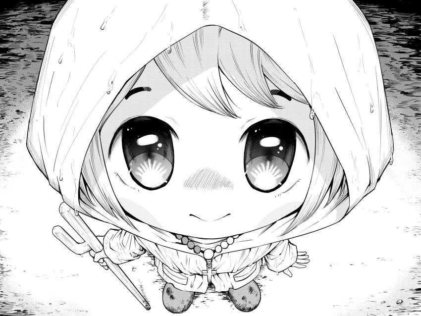 1girl :&gt; arms_at_sides boots cane cross cross_necklace eye_no_kakumaku from_above greyscale highres holding holding_cane hood hood_up jewelry jubilee_2025 long_sleeves looking_at_viewer looking_up luce_(jubilee_2025) monochrome mud necklace raincoat rosary solo standing staring symbol_in_eye water_drop wet wet_clothes
