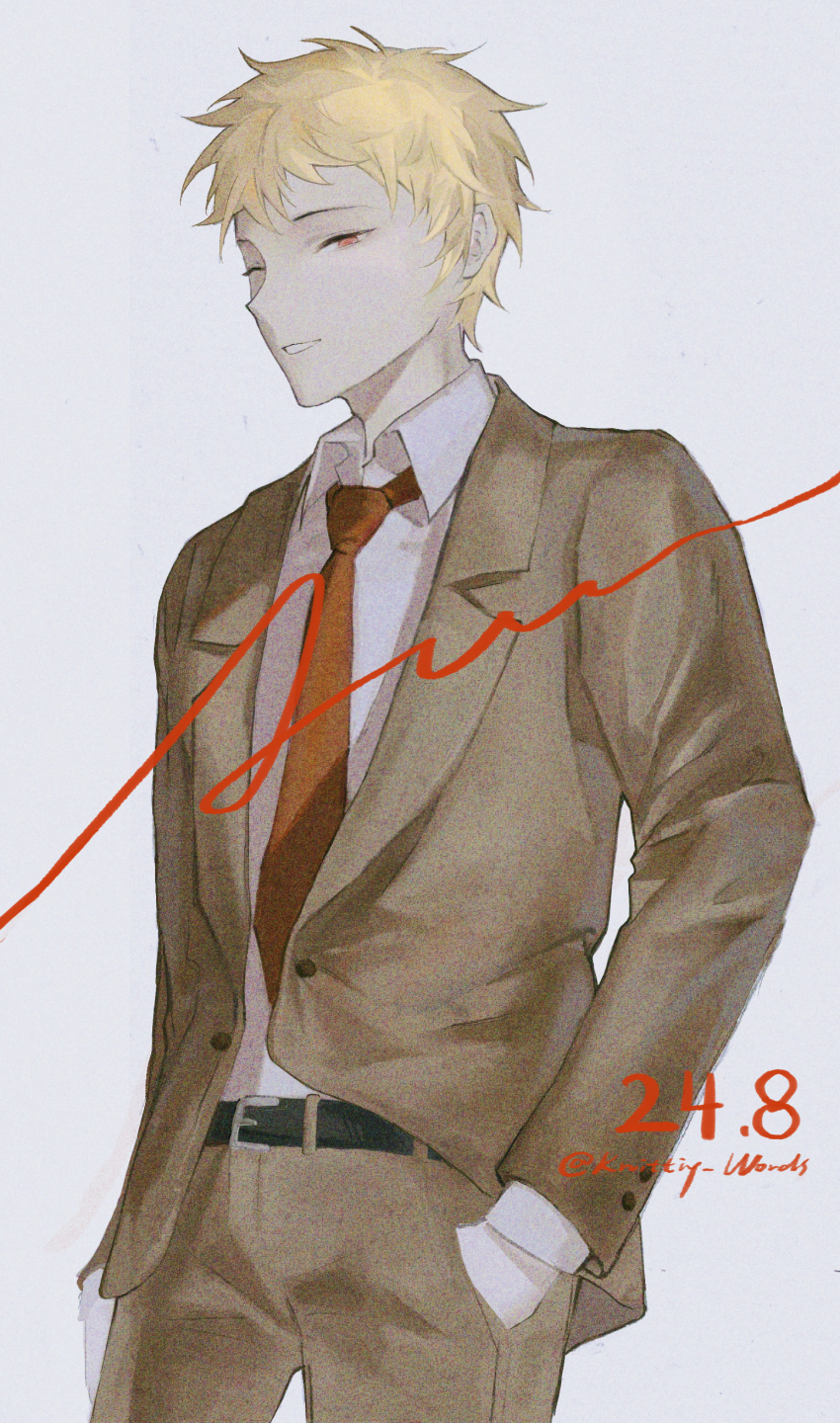 1boy absurdres alternate_costume atou_haruki belt belt_buckle black_belt blonde_hair brown_jacket brown_pants buckle chinese_commentary collared_shirt commentary_request cowboy_shot dated film_grain grey_background hand_in_pocket highres jacket lapels male_focus necktie notched_lapels one_eye_closed pants red_eyes red_necktie saibou_shinkyoku shirt short_hair solo zhiyanpianyu55126