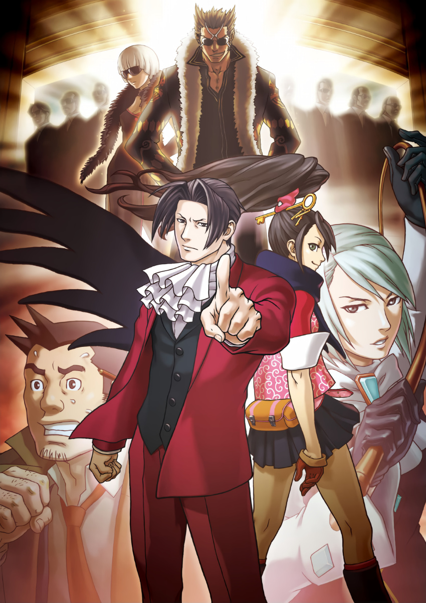 3girls 6+boys ace_attorney ace_attorney_investigations amulet ascot black_hair blonde_hair brown_eyes brown_hair clenched_hand collarbone collared_shirt dick_gumshoe fingernails formal_clothes franziska_von_karma gloves green_eyes green_hair highres jacket kay_faraday key_hair_ornament kneepits long_hair medium_hair miles_edgeworth multiple_boys multiple_girls necktie official_art pointing shi-long_lang shirt short_hair skirt suit sunglasses sweat teeth whip white_hair