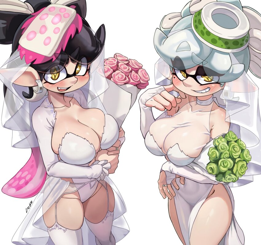 2girls alternate_costume black_hair blush bouquet breasts callie_(splatoon) cleavage dress earrings flower garter_straps green_hair grey_hair hand_on_own_chest highres inkling jewelry large_breasts laz_gm looking_at_viewer marie_(splatoon) multicolored_hair multiple_girls nintendo open_mouth pink_hair pointy_ears siblings sisters smile splatoon_(series) splatoon_1 star-shaped_pupils star_(symbol) symbol-shaped_pupils teeth tentacle_hair two-tone_hair wedding_dress white_background white_hair yellow_eyes