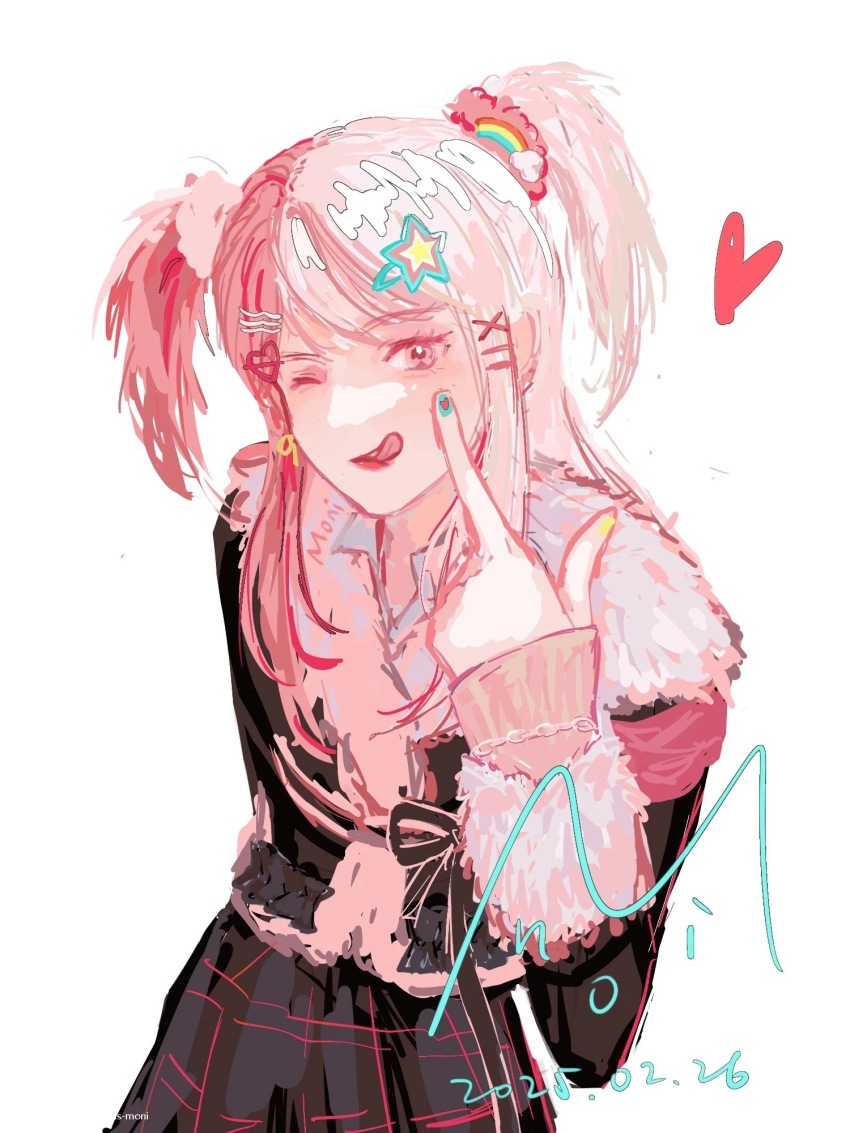 1girl akanbe armband black_jacket black_ribbon black_skirt blue_nails chain chain_bracelet chinese_commentary collared_shirt commentary_request cowboy_shot dated earrings eyelashes eyelid_pull fur-trimmed_jacket fur-trimmed_sleeves fur_trim hair_ornament hair_scrunchie hairclip heart heart_hair_ornament highres infinity_nikki jacket jewelry leaning_forward lipstick long_hair long_sleeves makeup multicolored_hair multicolored_nails nail_art nail_polish nikki_(series) one_eye_closed pfls-moni pink_arm_warmers pink_armband pink_eyes pink_hair pink_lips pink_scrunchie plaid_clothes plaid_skirt pleated_skirt rainbow_hair_ornament ribbon ribbon_earrings rosie_sweetheart_(infinity_nikki) scrunchie shirt sidelocks simple_background single_earring skirt smile solo star_(symbol) star_hair_ornament tongue tongue_out two-tone_hair two_side_up waist_ribbon white_background white_shirt x_hair_ornament y2k_fashion yellow_nails yellow_ribbon