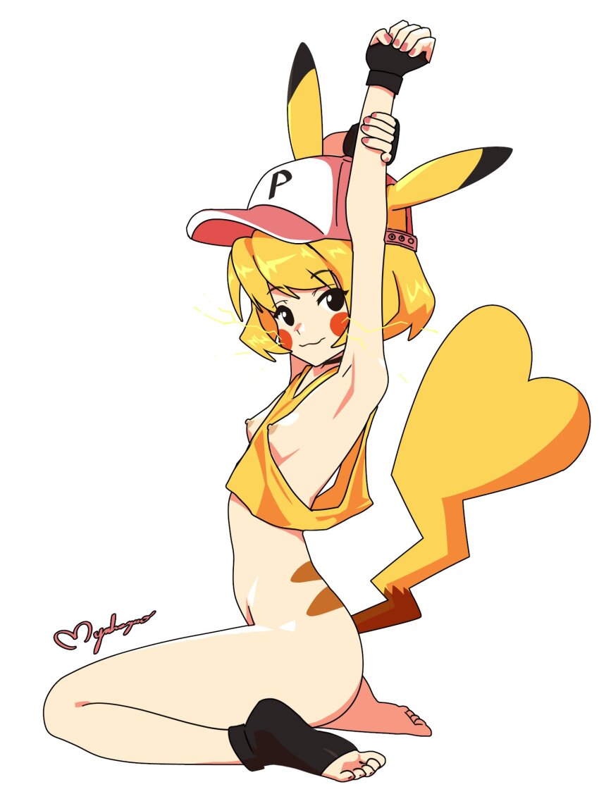 1girl animal_ears armpits black_eyes black_gloves black_socks blonde_hair bottomless breasts closed_mouth commentary fingerless_gloves game_freak gen_1_pokemon gloves hat highres maho_malice nail_polish nintendo nipples pikachu pikachu_ears pikachu_tail pink_hat pink_nails pokemon pokemon_tail shirt short_hair signature simple_background sleeveless sleeveless_shirt small_breasts smile socks solo tail toeless_legwear toes white_background yellow_shirt