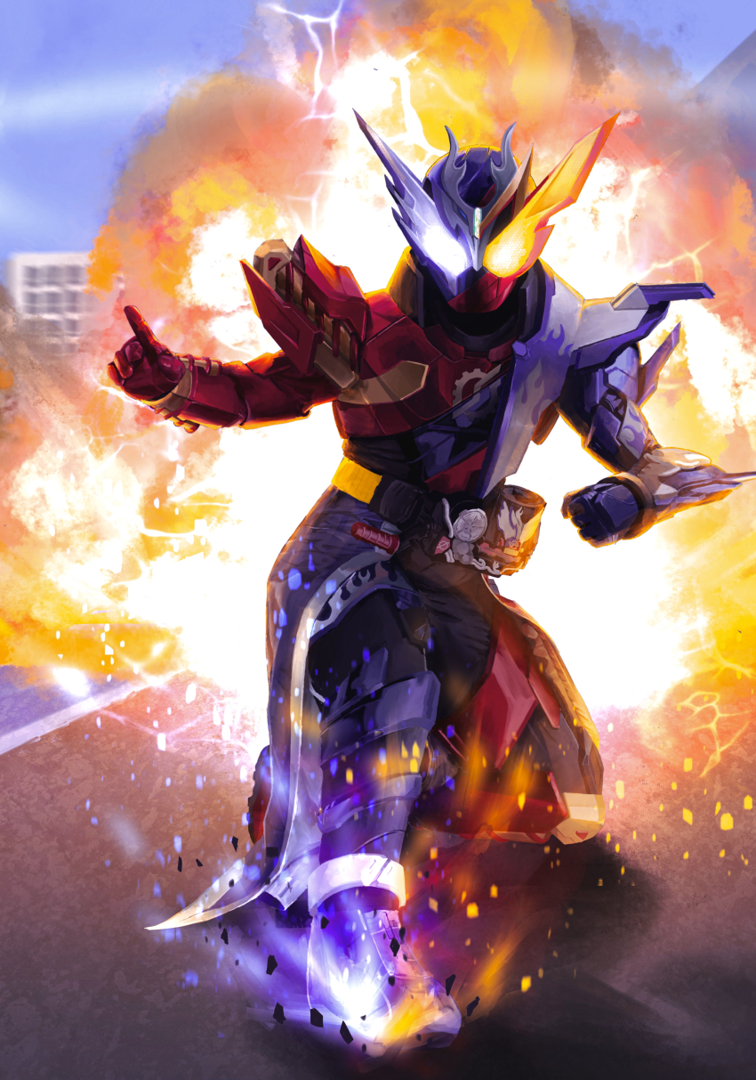 1boy absurdres animal_ears armor asymmetrical_footwear asymmetrical_gloves asymmetrical_legwear blue_armor blue_eyes blue_footwear blue_sky build_driver city cityscape cloud coattails cross-zbuild_form dragon flame_print gloves glowing glowing_eyes heterochromia highres kamen_rider kamen_rider_build kamen_rider_build_(series) kamen_rider_cross-z kamen_rider_cross-zbuild landing lightning looking_at_viewer male_focus mismatched_footwear mismatched_gloves mismatched_legwear rabbit_ears red_armor red_footwear rider_belt sky squatting suzune315 tokusatsu yellow_eyes