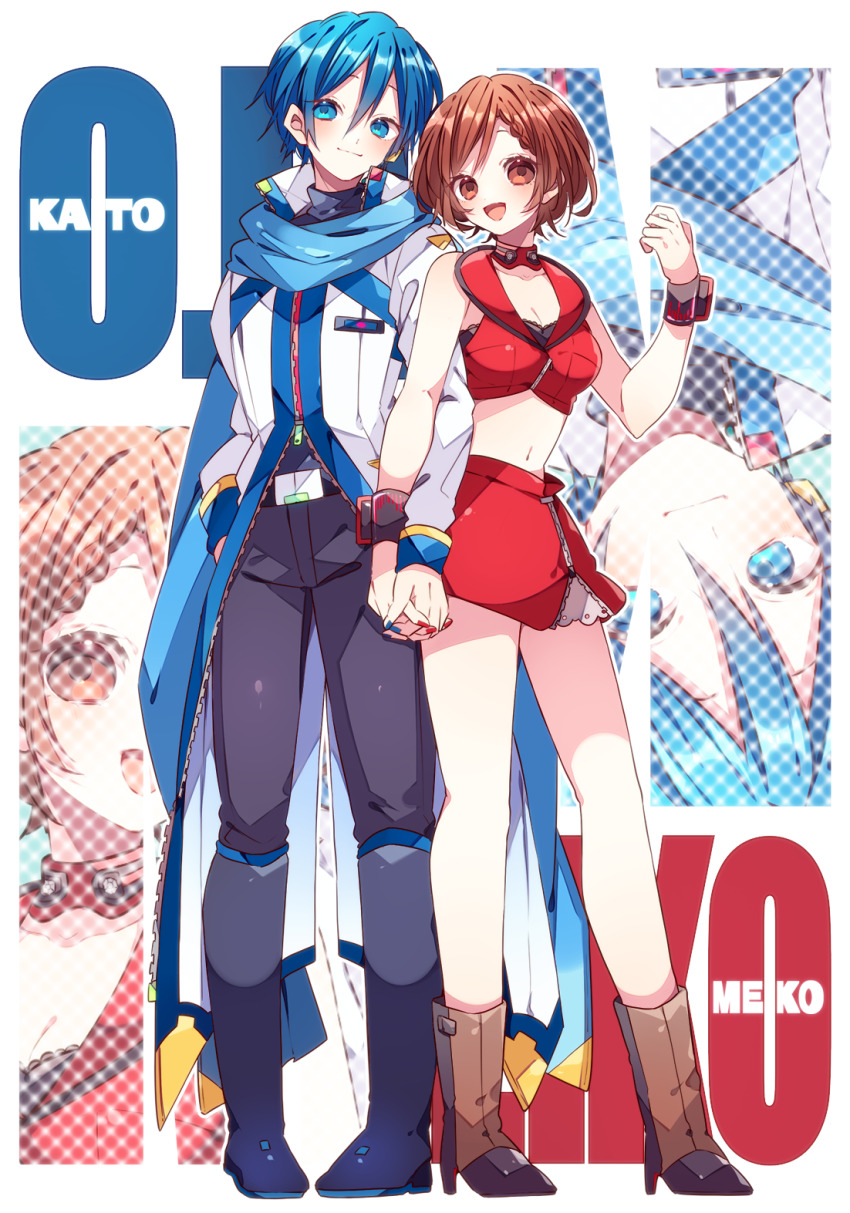 1boy 1girl :d black_boots black_bra black_pants black_wrist_cuffs blue_eyes blue_hair blue_nails blue_scarf blue_wrist_cuffs boots bra breasts brown_boots brown_eyes brown_hair character_name cleavage coat collarbone crop_top detached_collar full_body hand_in_pocket highres holding_hands interlocked_fingers kaho_0102 kaito_(vocaloid) knee_boots long_coat long_sleeves looking_at_viewer medium_breasts meiko_(vocaloid) midriff miniskirt navel open_mouth pants red_nails red_skirt scarf short_hair skirt smile standing stomach underwear vocaloid white_coat wrist_cuffs