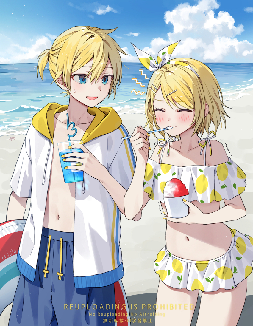 1boy 1girl artist_name beach bikini blonde_hair blue_eyes blue_shorts blue_sky blush bow_hairband closed_eyes closed_mouth cloud commentary cowboy_shot ctd_114 cup day drink drinking_straw eating food hair_ornament hairband hairclip highres holding holding_cup holding_food holding_spoon holding_swim_ring hood hood_down hoodie innertube kagamine_len kagamine_rin nail_polish navel ocean off-shoulder_bikini off_shoulder open_clothes open_hoodie open_mouth outdoors parallel_hairclips shaved_ice short_hair shorts sky smile spoon standing sweatdrop swim_ring swimsuit trembling vocaloid watermark white_bikini white_hairband white_hoodie yellow_hood