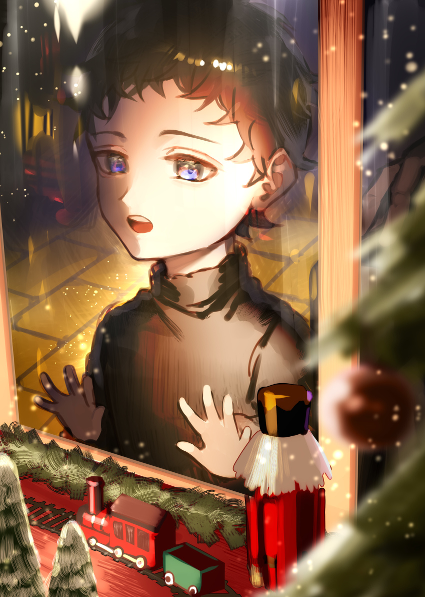 1boy absurdres awestruck black_clover black_hair black_shirt blue_eyes blurry bokeh brick_floor christmas christmas_ornaments christmas_tree depth_of_field frit_2 garland_(decoration) hand_on_window high_collar highres light_particles male_focus nutcracker open_mouth pine_tree railroad_tracks shirt short_hair solo toy_train tree window aged_down zenon_zogratis